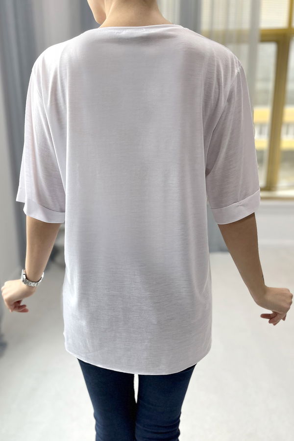 Düz Bisiklet Yaka Kadın Beyaz T-Shirt - 22246 BEYAZ