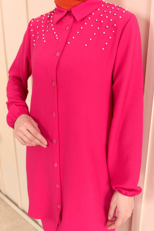 Düz Gömlek Yaka Kadın Fuşya Tunik+Pantolon - 22197
