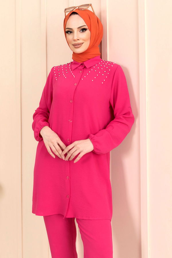 Düz Gömlek Yaka Kadın Fuşya Tunik+Pantolon - 22197