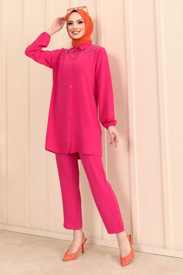 Düz Gömlek Yaka Kadın Fuşya Tunik+Pantolon - 22197