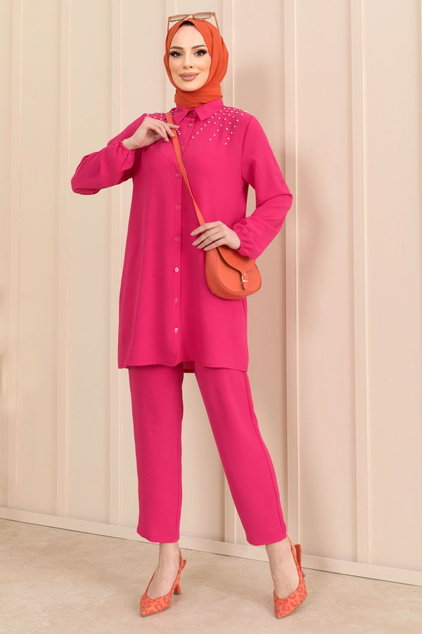 Düz Gömlek Yaka Kadın Fuşya Tunik+Pantolon - 22197
