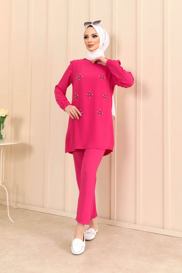 Düz Bisiklet Yaka Kadın Fuşya Tunik+Pantolon - 22203