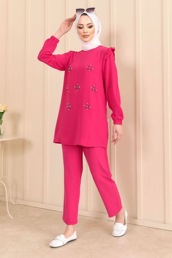Düz Bisiklet Yaka Kadın Fuşya Tunik+Pantolon - 22203