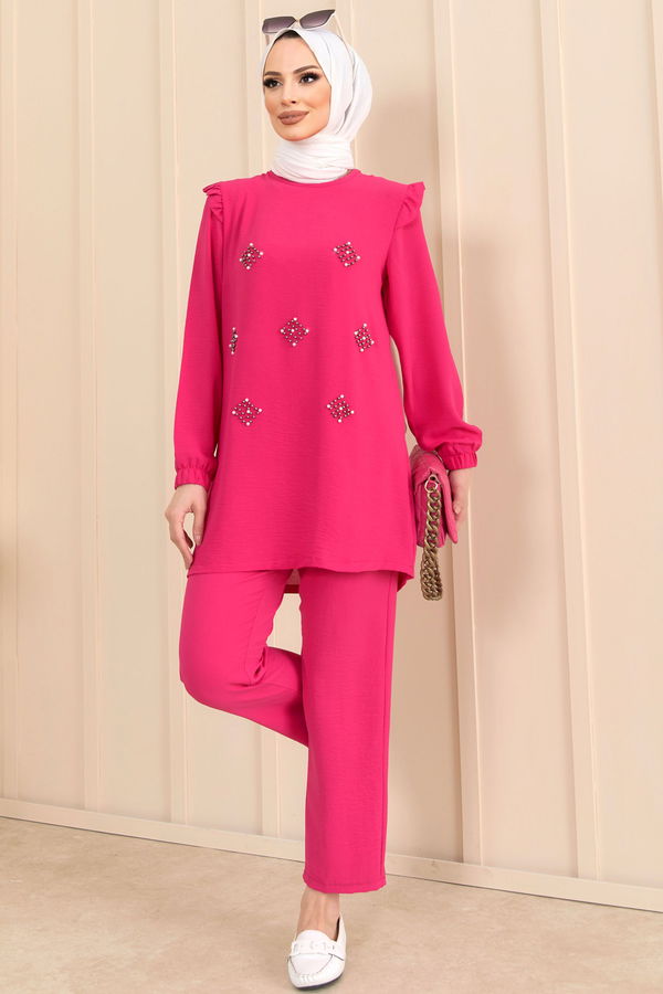 Düz Bisiklet Yaka Kadın Fuşya Tunik+Pantolon - 22203
