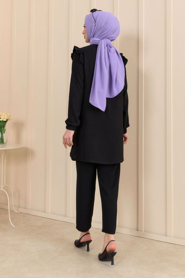 Düz Bisiklet Yaka Kadın Siyah Tunik+Pantolon - 22203 SİYAH