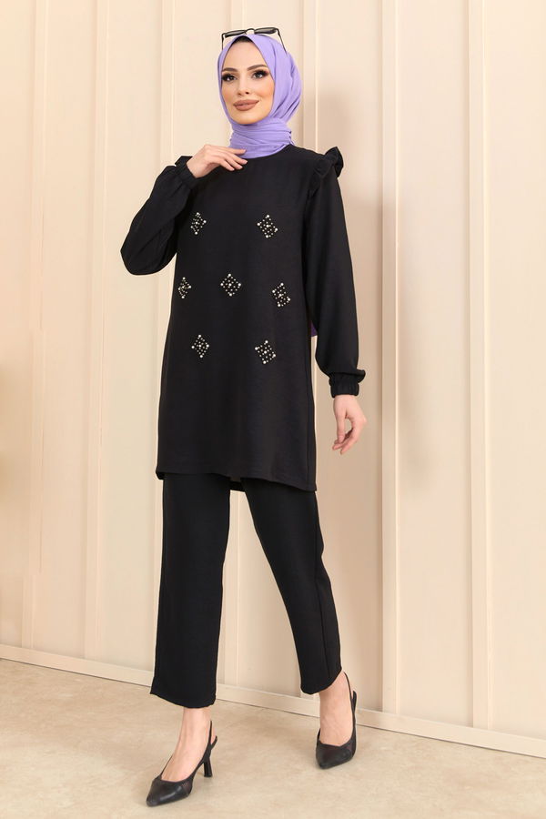 Düz Bisiklet Yaka Kadın Siyah Tunik+Pantolon - 22203 SİYAH