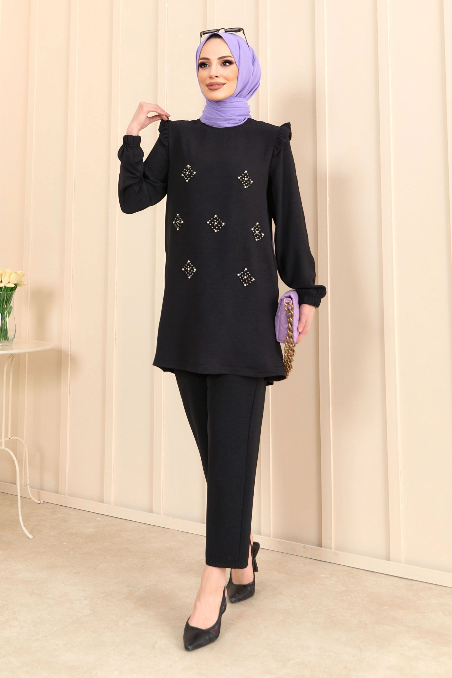 Düz Bisiklet Yaka Kadın Siyah Tunik+Pantolon - 22203 SİYAH