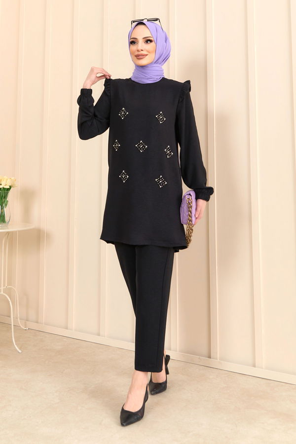 Düz Bisiklet Yaka Kadın Siyah Tunik+Pantolon - 22203 SİYAH