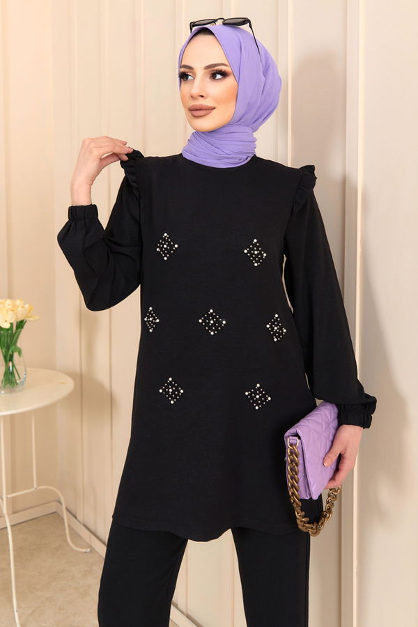 Düz Bisiklet Yaka Kadın Siyah Tunik+Pantolon - 22203 SİYAH