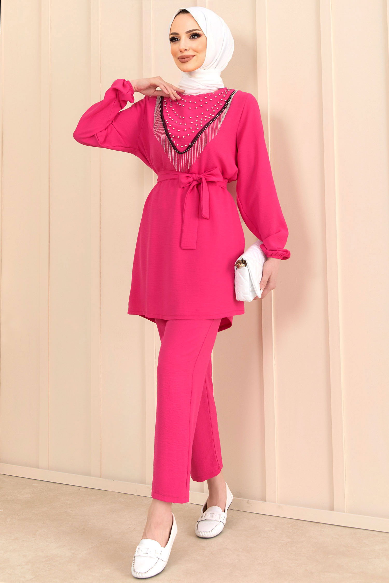 Düz Bisiklet Yaka Kadın Fuşya Tunik+Pantolon - 22204 FUŞYA
