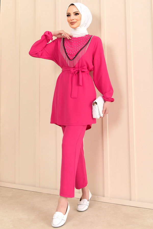 Düz Bisiklet Yaka Kadın Fuşya Tunik+Pantolon - 22204 FUŞYA
