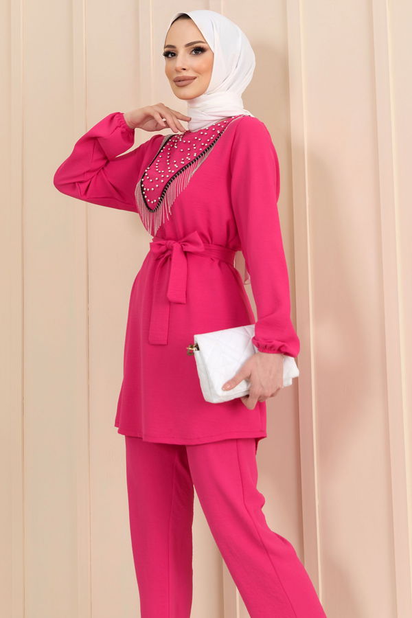 Düz Bisiklet Yaka Kadın Fuşya Tunik+Pantolon - 22204 FUŞYA