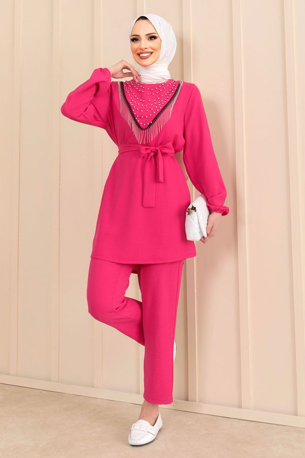 Düz Bisiklet Yaka Kadın Fuşya Tunik+Pantolon - 22204 FUŞYA