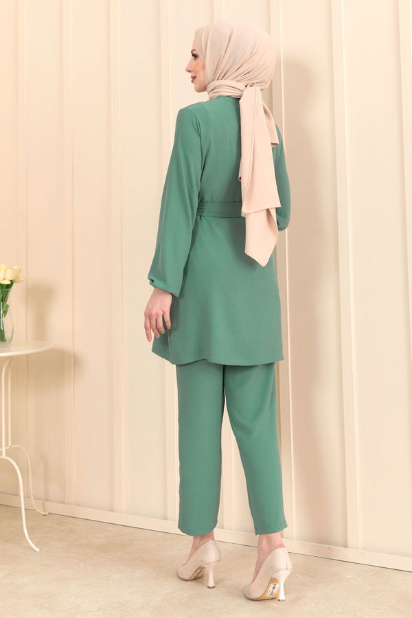 Düz Bisiklet Yaka Kadın Yeşil Tunik+Pantolon - 22204 YEŞİL
