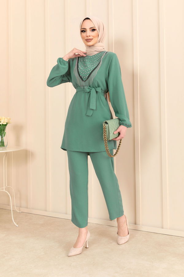 Düz Bisiklet Yaka Kadın Yeşil Tunik+Pantolon - 22204 YEŞİL