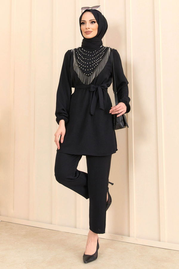 Düz Bisiklet Yaka Kadın Siyah Tunik+Pantolon - 22204