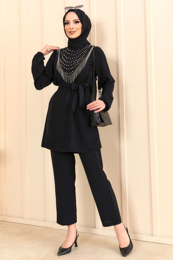 Düz Bisiklet Yaka Kadın Siyah Tunik+Pantolon - 22204