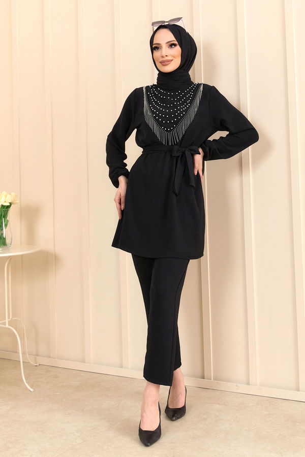 Düz Bisiklet Yaka Kadın Siyah Tunik+Pantolon - 22204