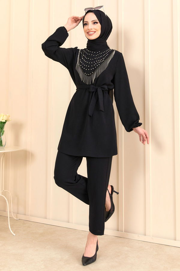 Düz Bisiklet Yaka Kadın Siyah Tunik+Pantolon - 22204