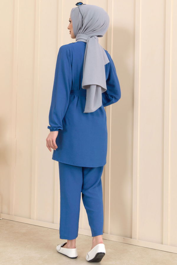 Düz Bisiklet Yaka Kadın Mavi Tunik+Pantolon - 22204 MAVİ