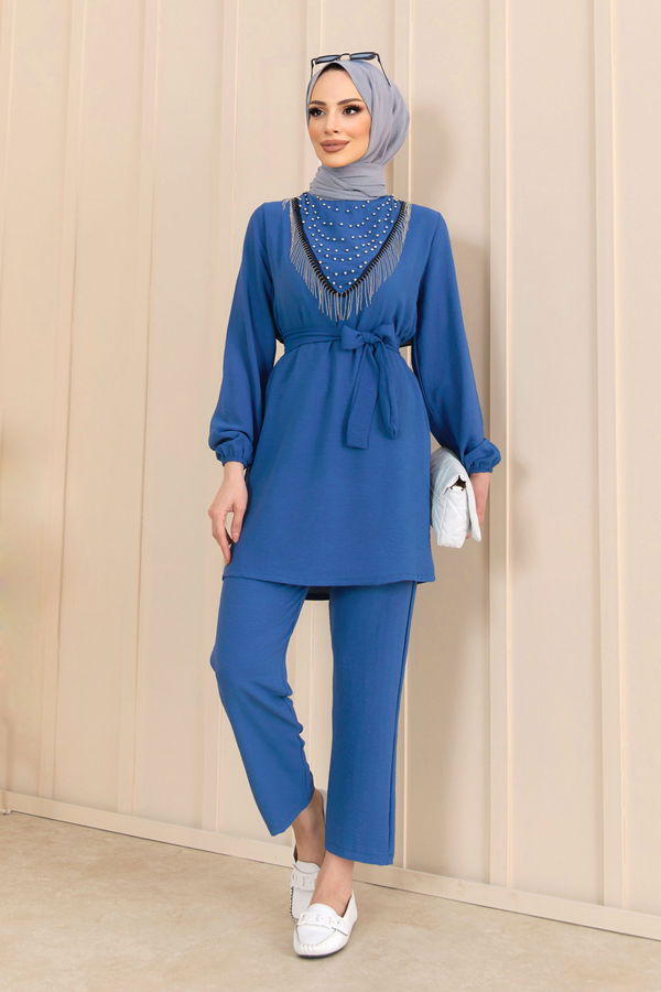 Düz Bisiklet Yaka Kadın Mavi Tunik+Pantolon - 22204 MAVİ
