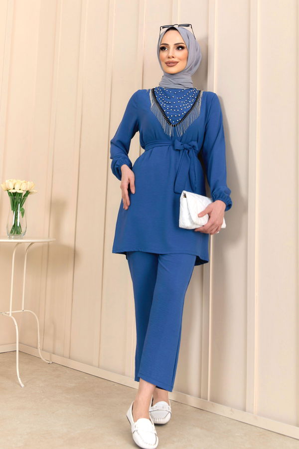 Düz Bisiklet Yaka Kadın Mavi Tunik+Pantolon - 22204 MAVİ