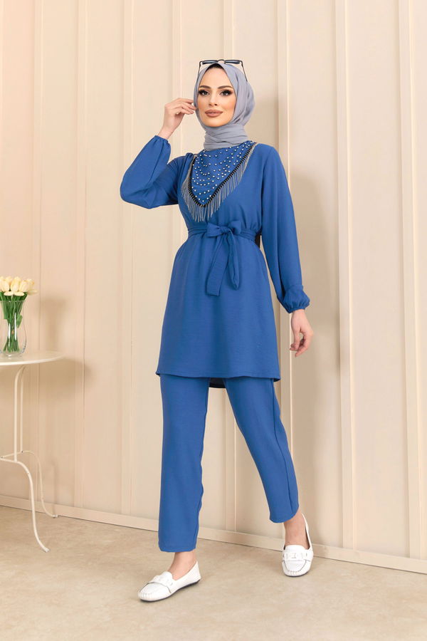 Düz Bisiklet Yaka Kadın Mavi Tunik+Pantolon - 22204 MAVİ
