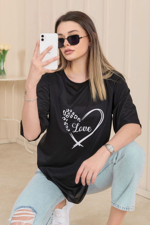 Düz Bisiklet Yaka Kadın Siyah T-Shirt - 22249