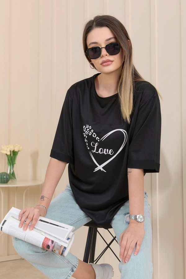 Düz Bisiklet Yaka Kadın Siyah T-Shirt - 22249