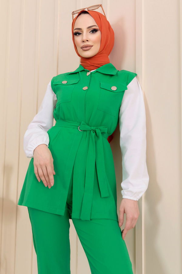 Düz Gömlek Yaka Kadın Yeşil Yelek+Pantolon - 11449 YEŞİL