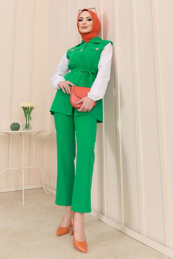 Düz Gömlek Yaka Kadın Yeşil Yelek+Pantolon - 11449 YEŞİL