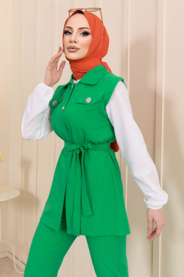Düz Gömlek Yaka Kadın Yeşil Yelek+Pantolon - 11449 YEŞİL