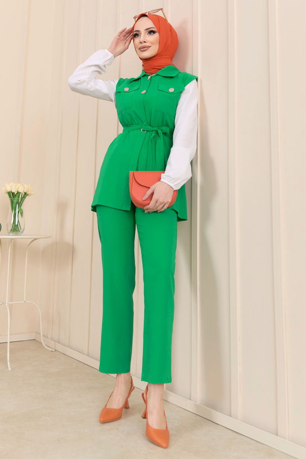 Düz Gömlek Yaka Kadın Yeşil Yelek+Pantolon - 11449 YEŞİL