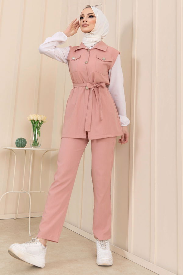 Düz Gömlek Yaka Kadın Pembe Yelek+Pantolon - 11449