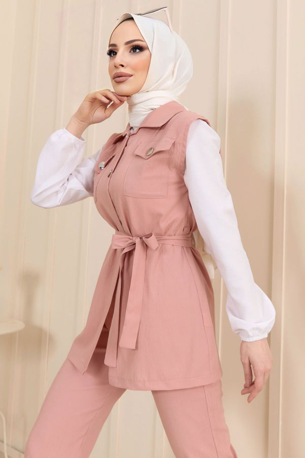 Düz Gömlek Yaka Kadın Pembe Yelek+Pantolon - 11449