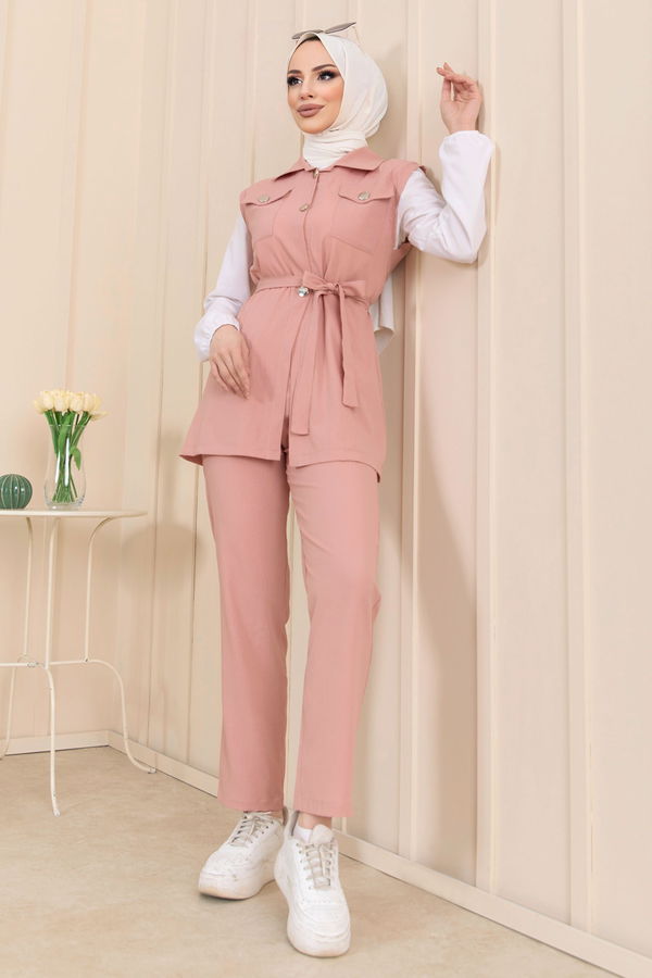 Düz Gömlek Yaka Kadın Pembe Yelek+Pantolon - 11449