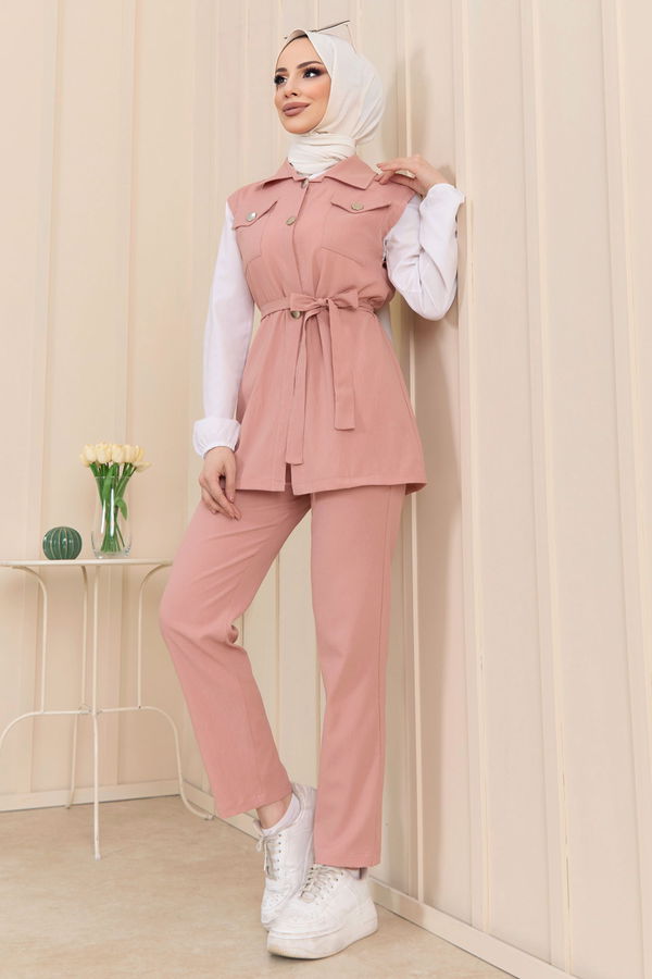Düz Gömlek Yaka Kadın Pembe Yelek+Pantolon - 11449
