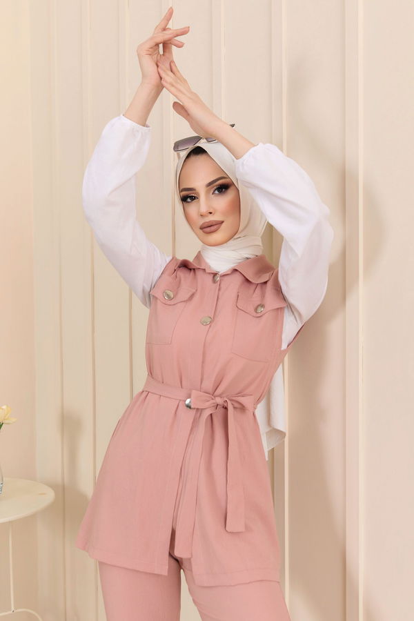 Düz Gömlek Yaka Kadın Pembe Yelek+Pantolon - 11449
