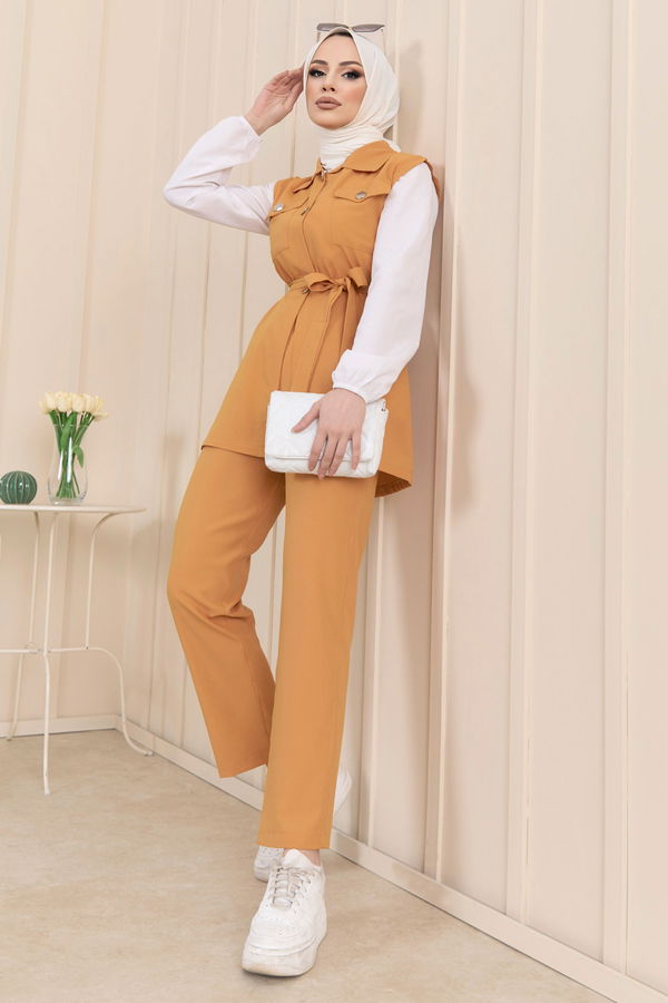 Düz Gömlek Yaka Kadın Sarı Yelek+Pantolon - 11449 Sarı