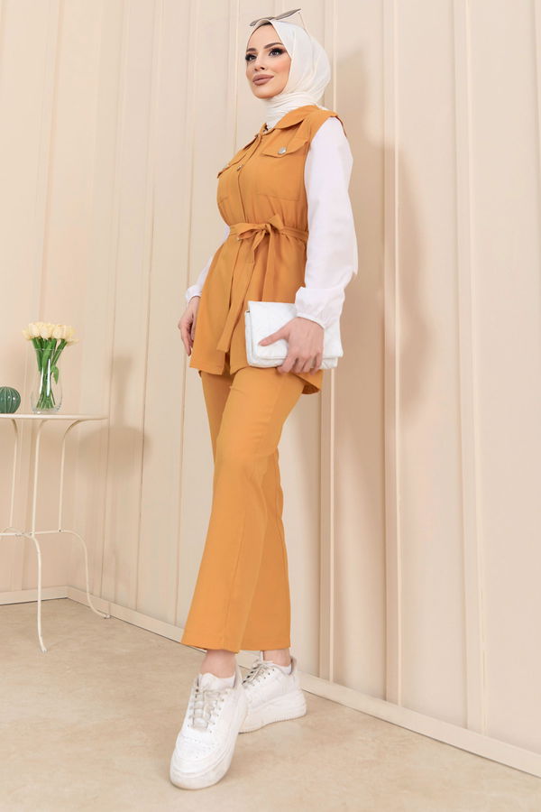 Düz Gömlek Yaka Kadın Sarı Yelek+Pantolon - 11449 Sarı