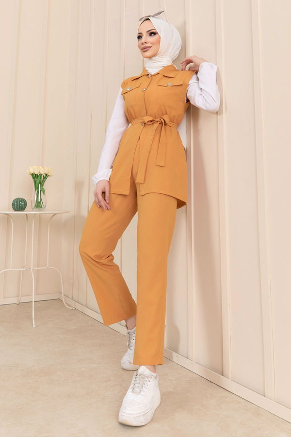 Düz Gömlek Yaka Kadın Sarı Yelek+Pantolon - 11449 Sarı
