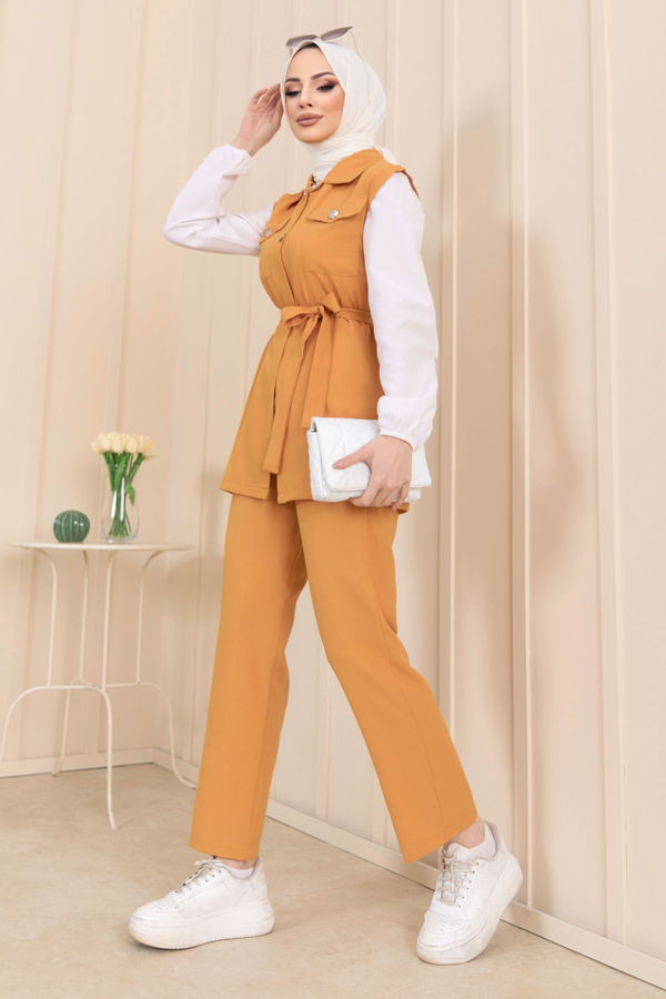 Düz Gömlek Yaka Kadın Sarı Yelek+Pantolon - 11449 Sarı