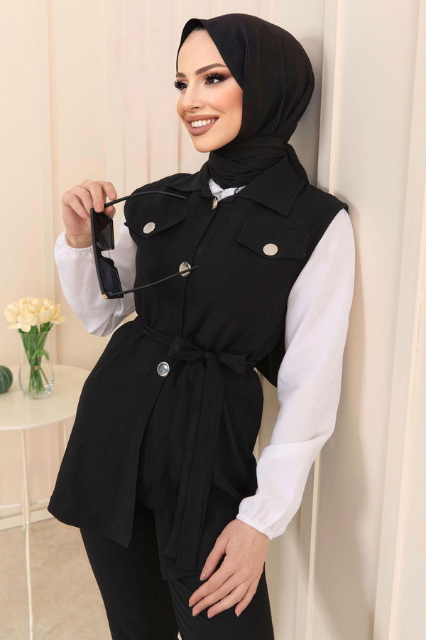 Düz Gömlek Yaka Kadın Siyah Yelek+Pantolon - 11449