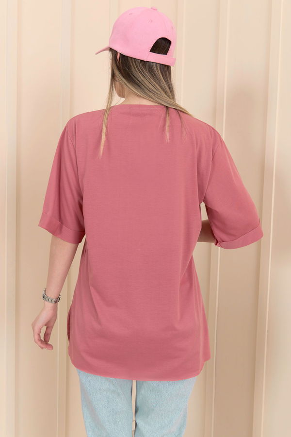 Düz Bisiklet Yaka Kadın Pembe T-Shirt - 22244 PEMBE
