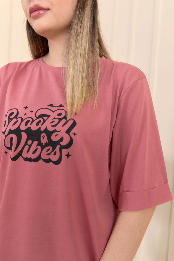 Düz Bisiklet Yaka Kadın Pembe T-Shirt - 22244 PEMBE
