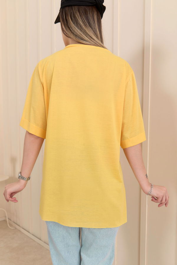 Düz Bisiklet Yaka Kadın Sarı T-Shirt - 22244 Sarı