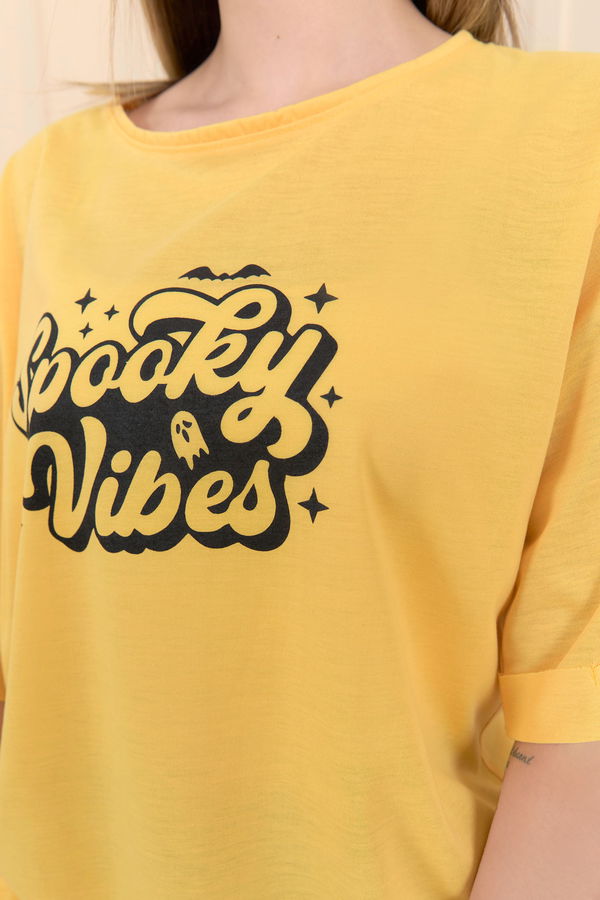Düz Bisiklet Yaka Kadın Sarı T-Shirt - 22244 Sarı