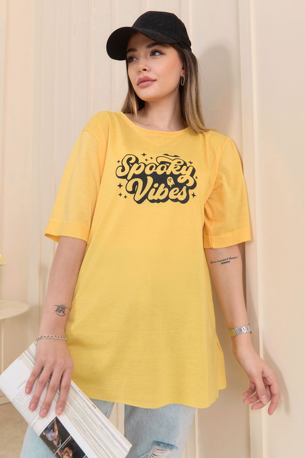 Düz Bisiklet Yaka Kadın Sarı T-Shirt - 22244 Sarı