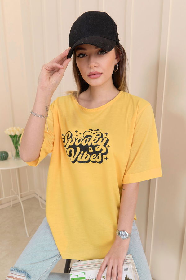Düz Bisiklet Yaka Kadın Sarı T-Shirt - 22244 Sarı