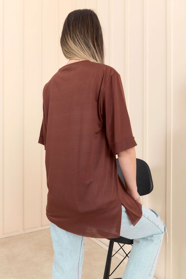 Düz Bisiklet Yaka Kadın Kahverengi T-Shirt - 22249
